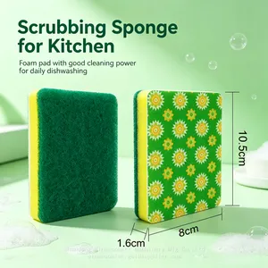 Wholesale Household Green Kitchen Scrubber Sponge Printed Pattern Scouring Pad Sponge thumbnail-4