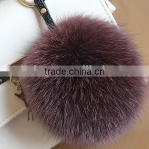 New Arrival Hot Selling 100% Real Fox Fur Pom Pom Leather Key Rings thumbnail-4