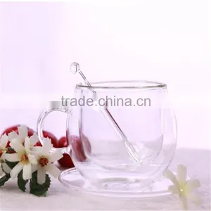 Hand Made Heat Resistant Borosilicate Glass Double Wall Glass Coffee Cup and Saucer Sets thumbnail-4
