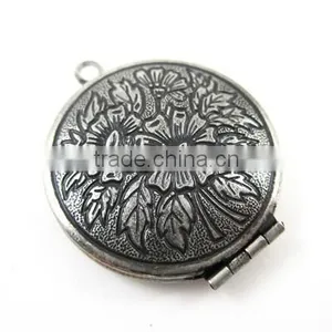 27mm Antiqued ox Silver Plated Brass Flower Engraved Vintage Style Round Photo Locket Pendant Charm Supplies 1113005 thumbnail-1