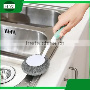 Mini Plastic Long Handle Hand Hanging Bowl Pot Dish Clean Cleaning Brush With Steel Ball thumbnail-2