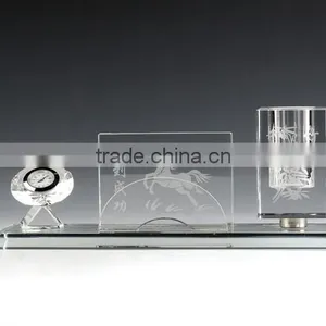 JingYaGe 3D Laser Animal Custom Crystal Glass Office Horse Pen Holder for Gifts With Clock&Bamboo Pattern Design thumbnail-1