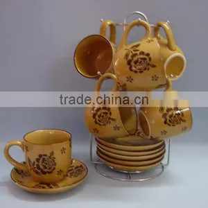 Hand Printing Rose Flowers Ceramic Coffee Mug Sets With Rack thumbnail-1