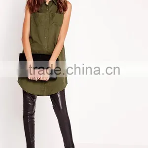 High Quality Elegant Women Khaki Sleeveless Soft Material Shirts thumbnail-3