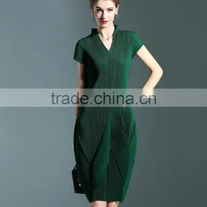 Solid Colors Women Draped V Neck Lantern Dresses With Short Sleeve thumbnail-5
