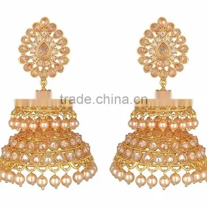 BIG Crystal Gold Tone DOUBLE JHUMKA DANGLER EARRINGS thumbnail-1