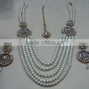 Gold Plated Pearl Beads Long Pendant Necklace EARRING Set thumbnail-1