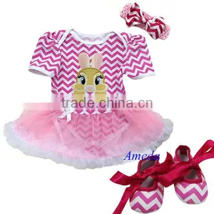 Baby Pink White Chevron Bunny Rabbit Bodysuit Romper Pettiskirt Crib Shoes Headband 0-18M thumbnail-1