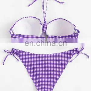 Tie Side Halter Gingham Print Bustier Bikini Set thumbnail-2
