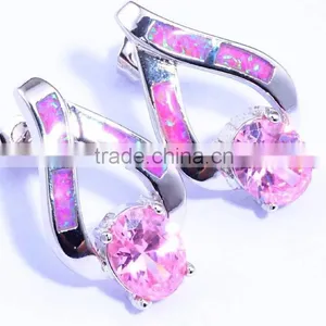 925 Sterling Silver Pink Opal Crystal Earring Pink Tourmaline Stud Earrings thumbnail-1