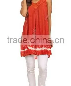 Sequin Embroidered Batik Relaxed Fit Sleeveless V-Neck Top - Burnt Orange - OS thumbnail-5