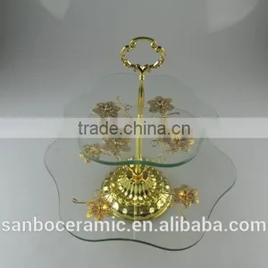 Wholesale Glass Cake Stand, Two Tier Golden Glass Cake Stand With Flower Decoration thumbnail-2