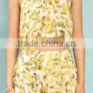Ladies Aztec Print Crop Top Cheap Wholesale Lemon Print Chiffon Pleated Custom Printed Crop Tops thumbnail-5