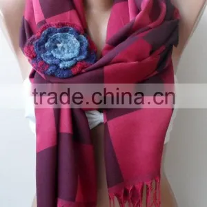 Burgundy Shawls With Rose, Plaid Pattern Scarf, Crochet Rose, Fashion Scarf, Plaid Pattern Scarf, Elegant, Bridesmaid Shawls, We thumbnail-1