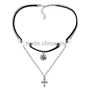 Velvet Suede Double Layer Halloween Choker Necklace Tone & Antique Silver Black Cobweb Cross 33.5cm Long thumbnail-2