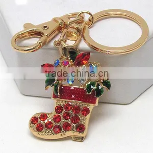 Gold Plated/Colorful Cheap Crystal/Christmas Sock/Metal Pendant/Key Rings thumbnail-1