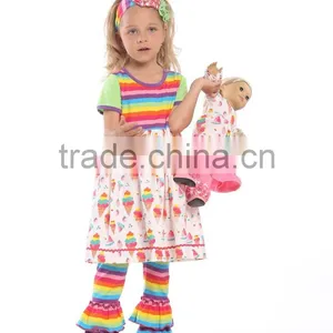 Wholesale Girls Ruffle Sleeve Raglan Fashion Printed Icing Ruffle Raglan Shirt and Pants Girls Clothes Set thumbnail-1