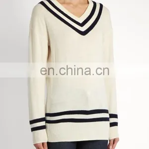 High Quality Varsity V-neck Wool and Cashmere-blend Sweater Fashion Design Women Long Sleeve Sweater thumbnail-1