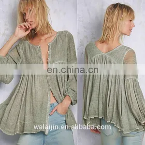 High Quality 3/4 Sleeve Cotton Yarn Babydoll Shirt , Ladies Gauze Shirt thumbnail-1