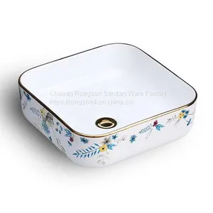Bathroom Ceramic Luxury Round Basin Countertop Gold Color Art Wash Hand Sink With Single Hole thumbnail-2