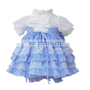 Summer Spain Girls Blue Sweet Princess Dress Puff Sleeve Dress Kids Dresses for Girls Kids Party Wedding Quality Dress Panty thumbnail-1
