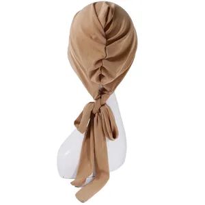 Wholesale Ramadan Stripe Crinkle Turban Hijab Hats Beanie Long Tail Head Wraps Elastic Muslim Hats Breathable Chemo Cap For Women Girls thumbnail-2