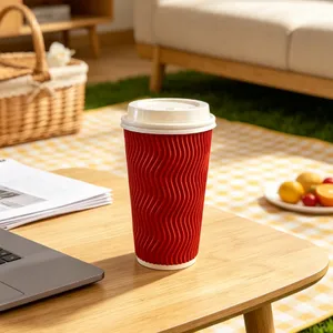 Biodegradable Custom Logo Disposable Hot Coffee Paper Cup With Lid Single Double Ripple Wall thumbnail-2
