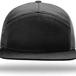 Blank 7 Panel Flat Bill Mesh Trucker Hat Breathable Snapback Baseball Cap Custom Logo Outdoor Sports Hat for Wholesale thumbnail-2