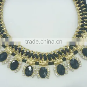 FASHION BRAIDED METAL CHAIN/STONES STATEMENT NECKLACE EARRING SET thumbnail-2