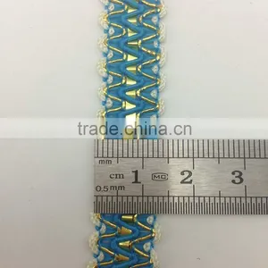 High Quality Pretty Blue Golden Woven Polyester Flat Braid Trim thumbnail-1