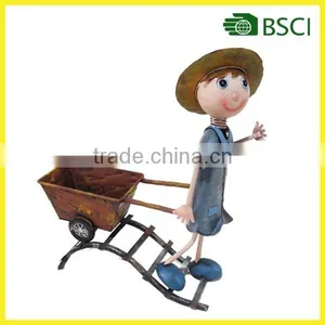 Garden Deco Boy Cart Design Wrought Iron Metal Flower Pot thumbnail-1