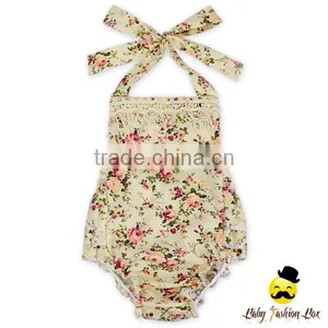 OEM Service Flower Printed Sleeveless Halter Fringe Toddler Baby Girl Floral Ruffle Romper Clothes thumbnail-1