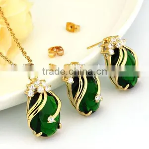 Copper Gemstone Fashion Jewelry Sets,Drop Earrings Crystal Pendant Necklace Bridal Jewelry Set (Red,Green,Blue,Purple and Black) thumbnail-6