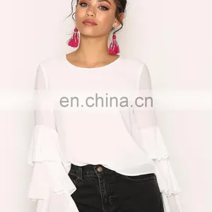 2018 Early Spring Long Flare Sleeve Chiffon Fashion Wholesale Ladies Frill Sleeve Blouse Designs thumbnail-1