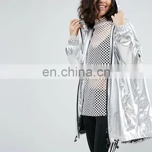 Wholesale Classic Outside Women Nylon Custom Plain Sliver Metallic Long Jacket thumbnail-2
