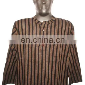 Full Sleeve Short Khadi Yoga Kurta Striped, Size : Chest 46 x Height 30 Inches (medium). thumbnail-3