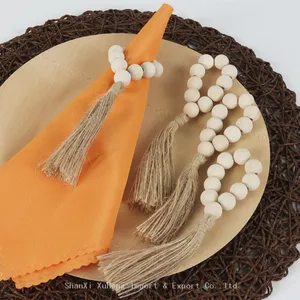 New Arrival Handmade Wood Beads Woven Natural Hemp Rope Tassel Napkin Rings thumbnail-2