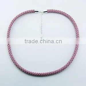 Stering Silver Braided Leather Pink Necklace Adjustable Chain thumbnail-1