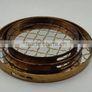 Antique Painted Round Wooden Mirror Tray With 2 Colors thumbnail-1