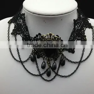 Black Bead Pendant Chain Flower Lace Choker Handmade Women Necklace Gothic Vintage thumbnail-1
