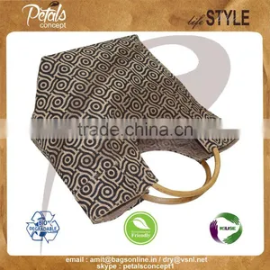 Jute Gift Bag With Round Handle for Weekend - Overall Print Shopping Tote - Cane Handle Bags thumbnail-2