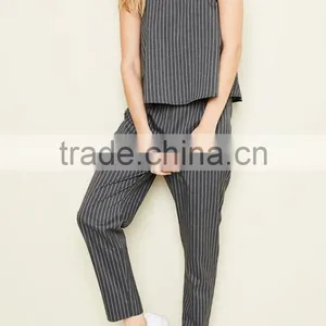WOMEN JUMPSUIT FASHION NEW DESIGN PINSTRIPE WOVEN JUMPSUIT WITH LAYERED CAMISOLE TOP thumbnail-2