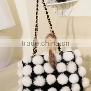 Korean Style Woman Rabbit Fur Ball Hand Bag Contrast Color Female Chian Bag thumbnail-2