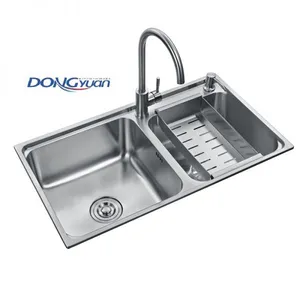 Guangdong Dongyuan Kitchenware 750×420×220mm POSCO SUS304 Stainless Steel Double Bowl Overmount Drawn Kitchen Sink With Colander and Faucet (DY-542) thumbnail-1
