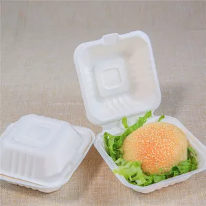 Customizable 450ml Refrigerator & Microwave Safe Biodegradable 6 Inch Sugarcane Bagasse Burger Box Clamshell thumbnail-1