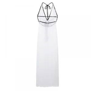 Ins European and American V-neck Hanging Neck Backless Knitted Beach Dress With Hollow Out Sexy Slim Fit Strap Beach Dress, Long Skirt for Women thumbnail-2
