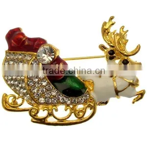 Wholesale 4.5*3.5cm Gold Tone Christmas Santa's Sleigh & Reindeer Brooch thumbnail-1