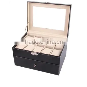 W806-20 20 Grid Slot Black PU Leather Big Watch Packaging Box With Drawer Quality Choice thumbnail-1