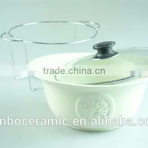 Ivory Oval Ceramic/porcelain Soup Tureen Pot Embossed With Glass Lid Metal Stand & Color Gift Box for Promotion thumbnail-3