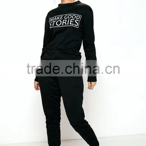 Women Cheap Fashion Tracksuit Black Plain Loungewear Set Casual Tech Fleece Polyester Elastane Tracksuits Designs thumbnail-4